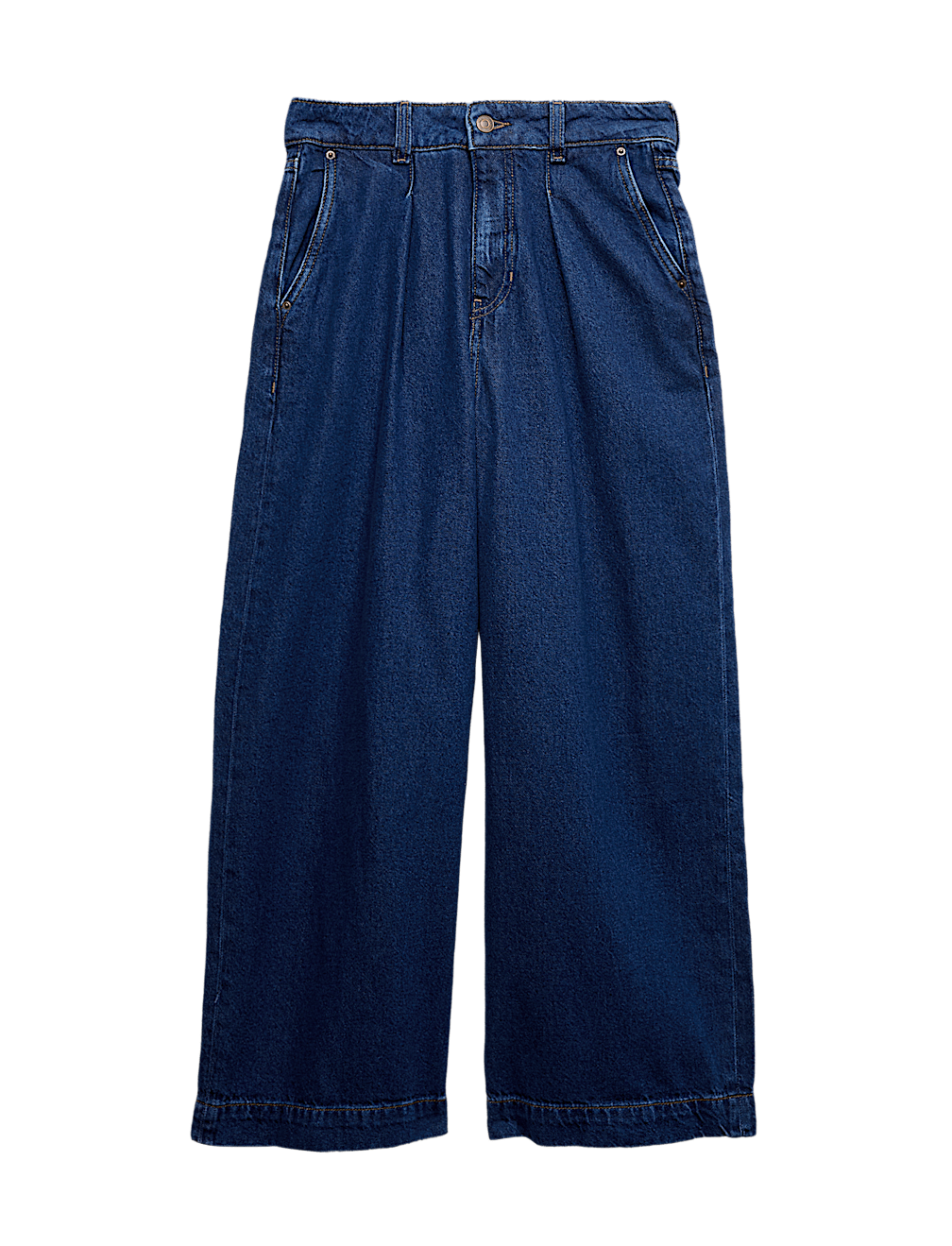 Denim High Waisted Pleat Front Wide Leg Cropped Jeans