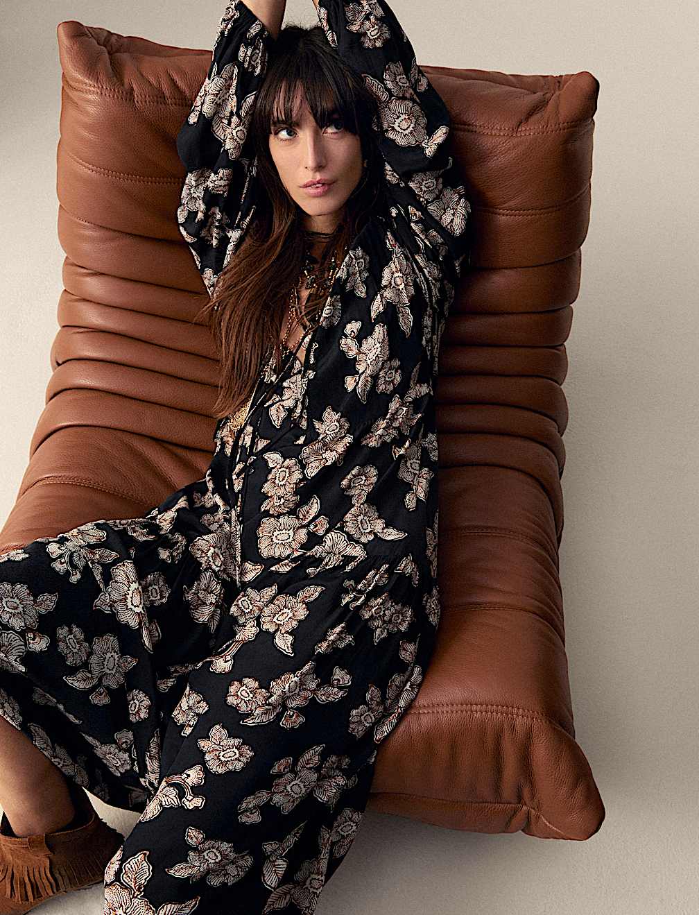 Crepe Floral Tie Neck Midaxi Waisted Dress