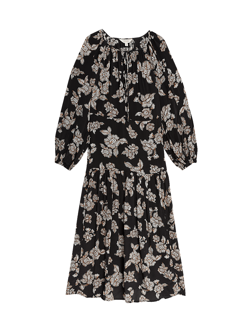 Crepe Floral Tie Neck Midaxi Waisted Dress