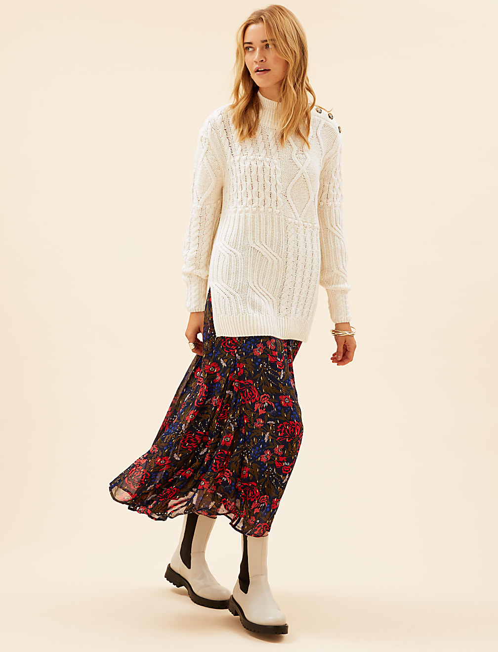 Floral Metallic Maxi A-Line Skirt