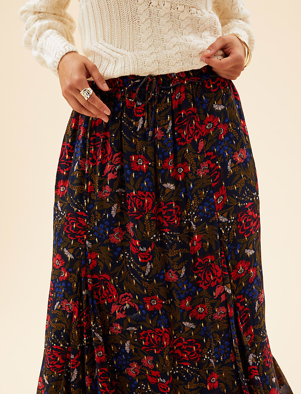 Floral Metallic Maxi A-Line Skirt