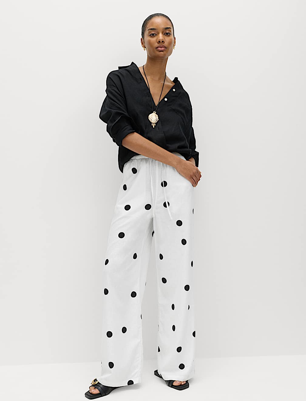 Linen Rich Drawstring Wide Leg Trousers