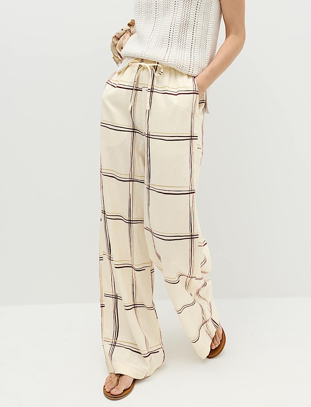 Linen Rich Checked Wide Leg Trousers