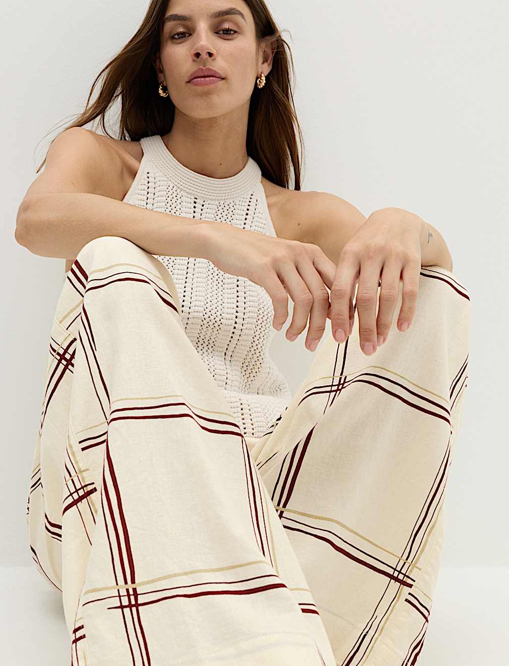 Linen Rich Checked Wide Leg Trousers