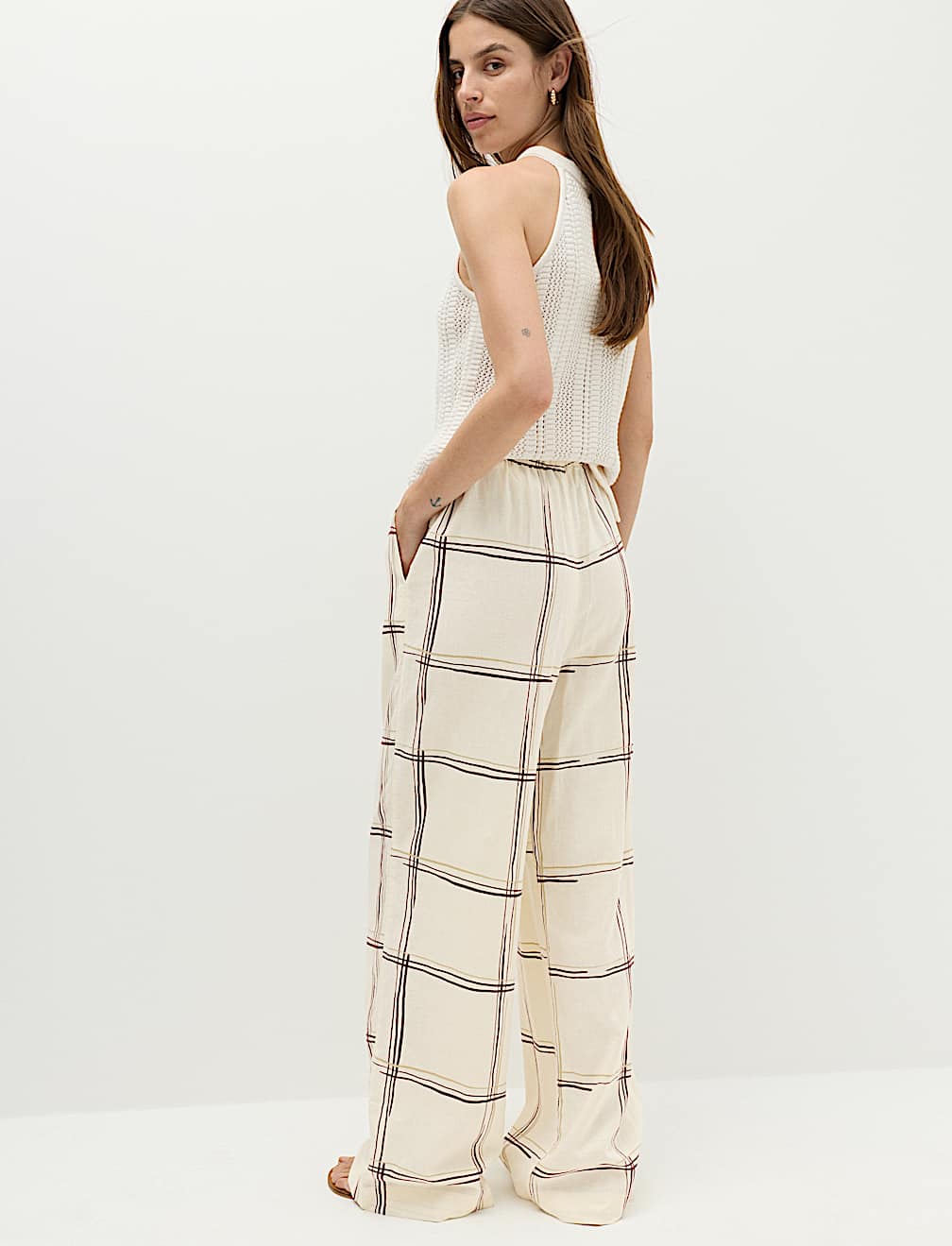 Linen Rich Checked Wide Leg Trousers