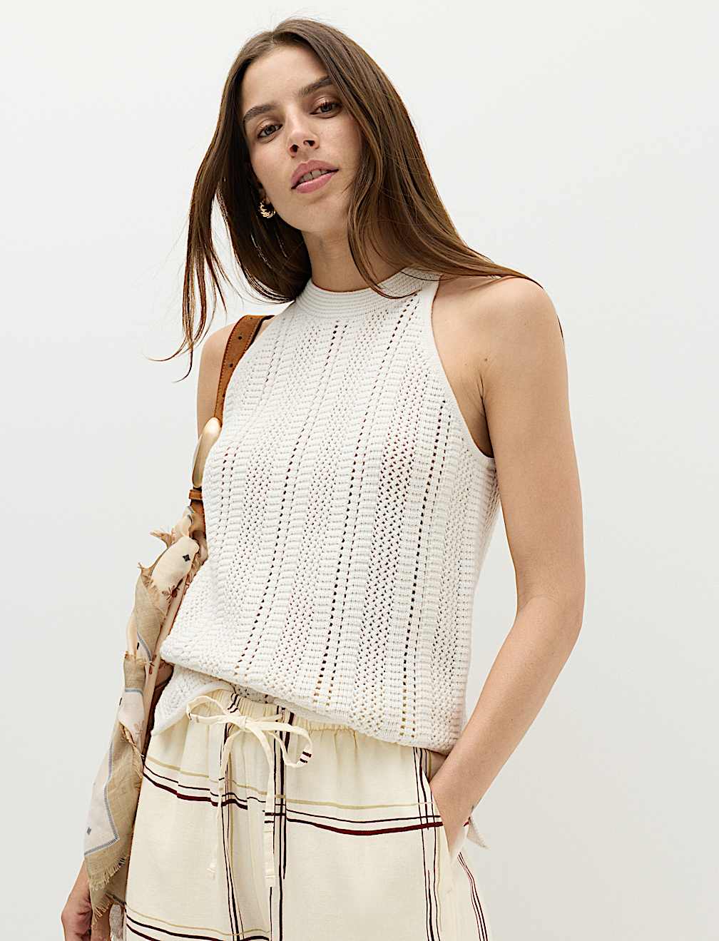 Linen Rich Checked Wide Leg Trousers