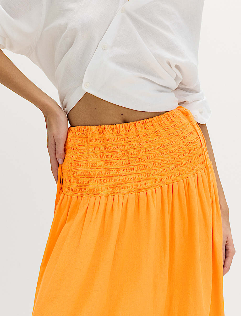 Linen Rich Shirred Tie Detail Maxi Skirt