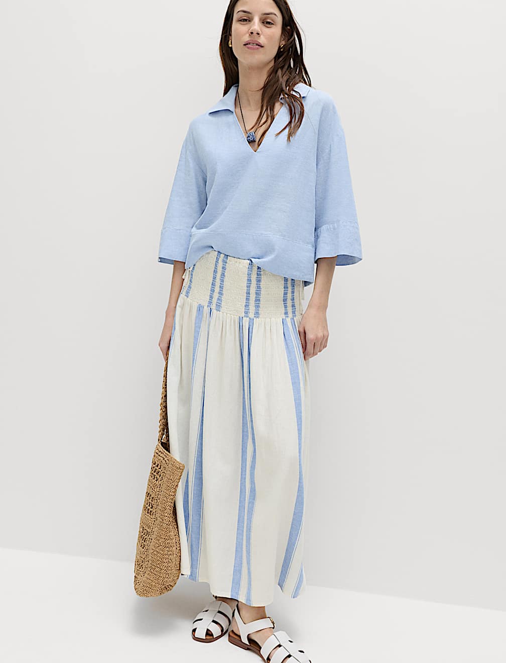 Linen Rich Shirred Tie Detail Maxi Skirt