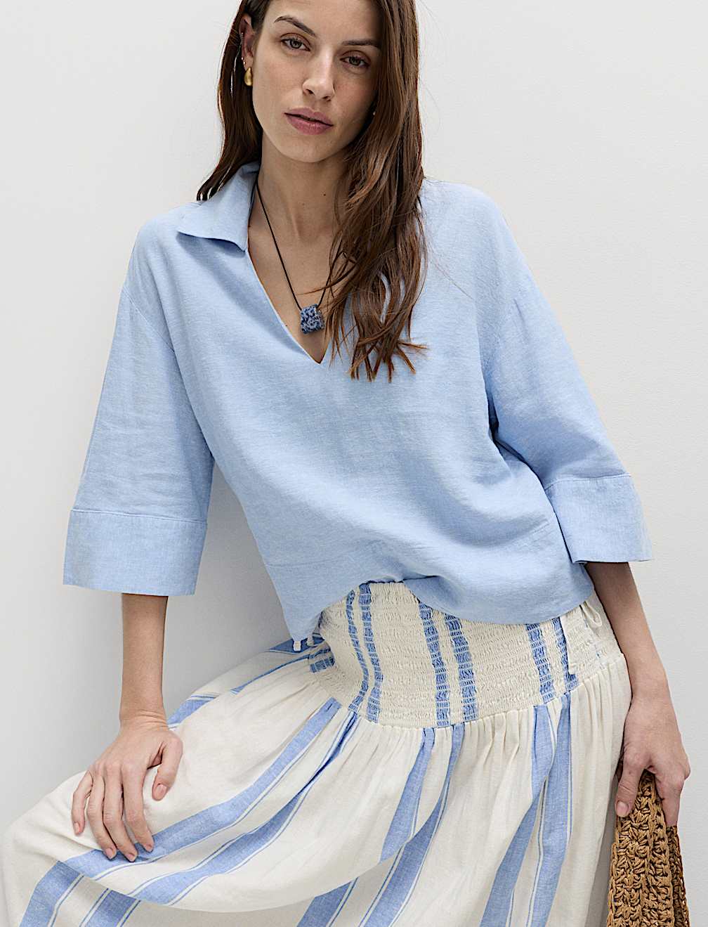 Linen Rich Shirred Tie Detail Maxi Skirt