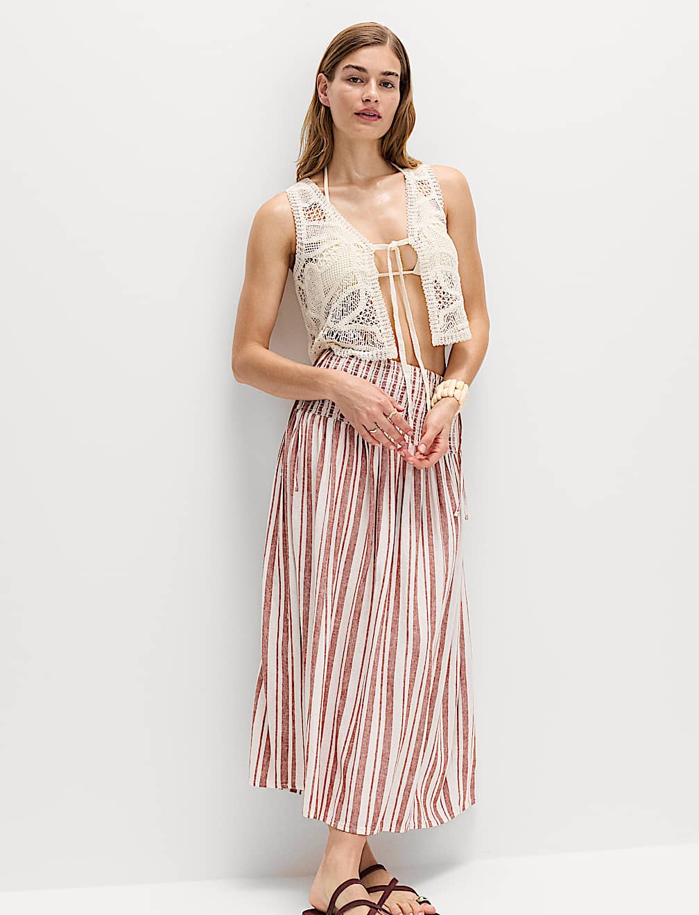 Linen Rich Shirred Tie Detail Maxi Skirt