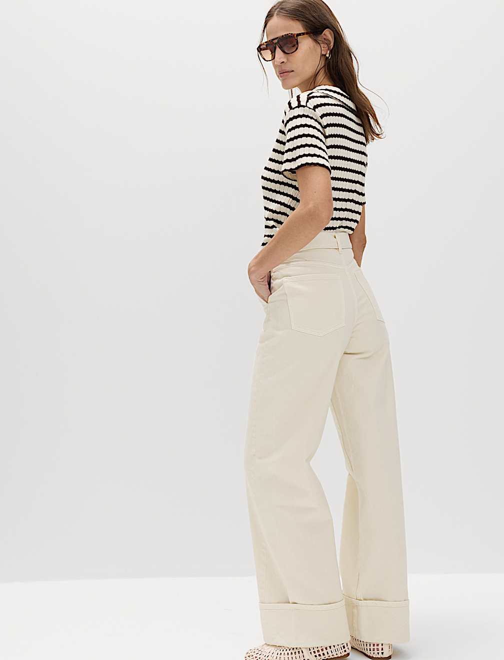 Pure Cotton Belted Wide Leg Turn Up Jeans