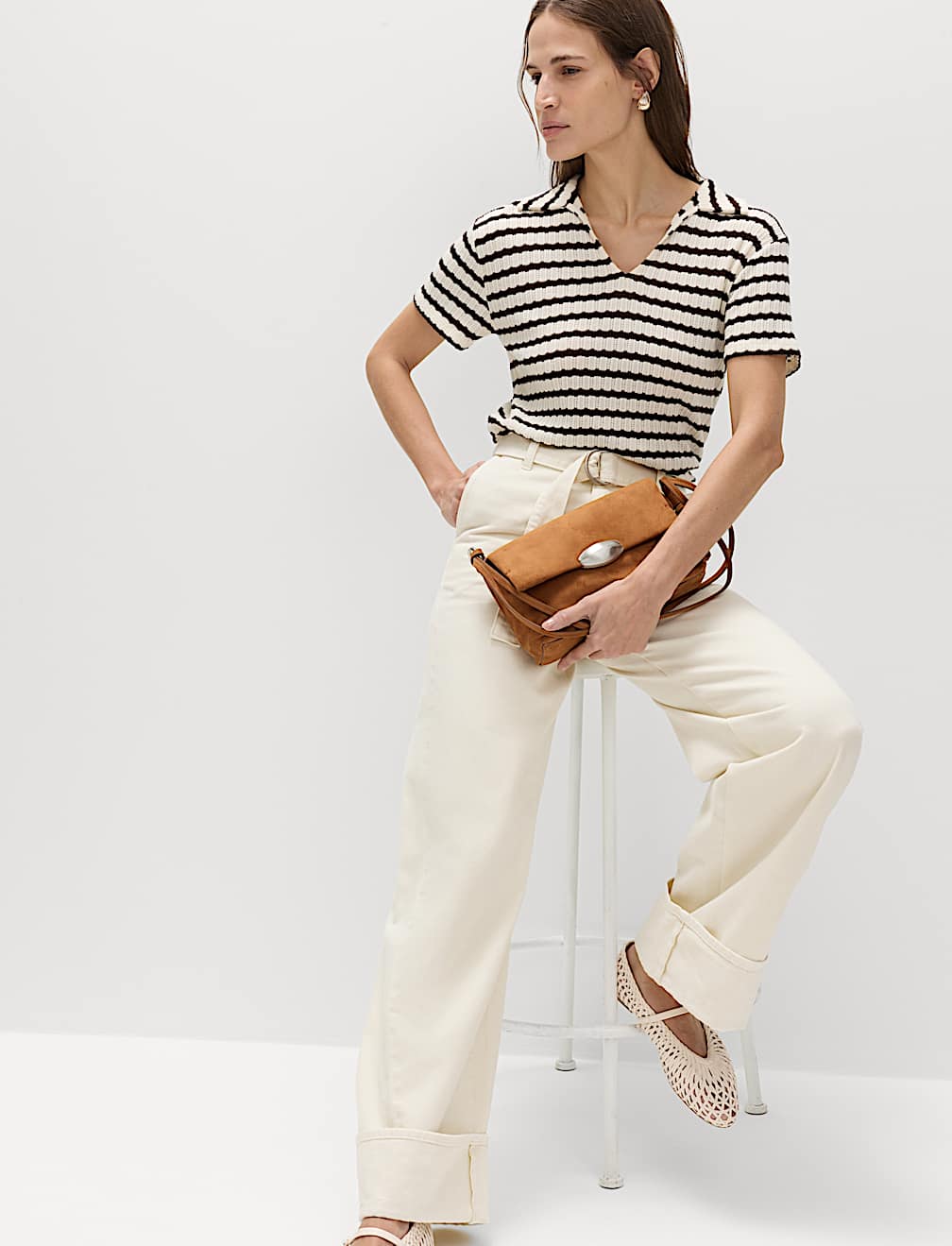 Pure Cotton Belted Wide Leg Turn Up Jeans