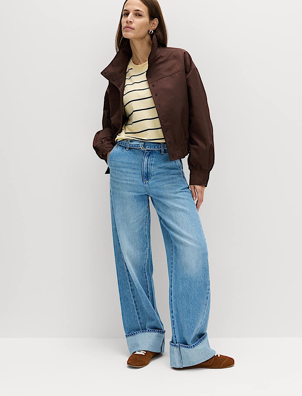 Pure Cotton Belted Wide Leg Turn Up Jeans