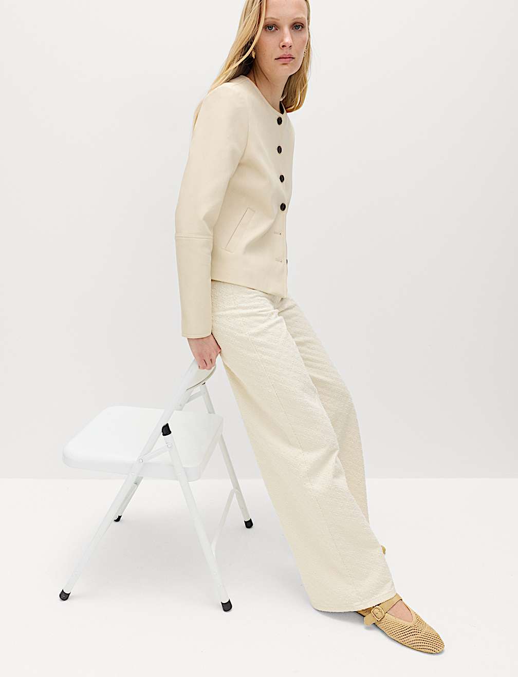 Pure Cotton Textured High Waisted Wide Leg Jeans