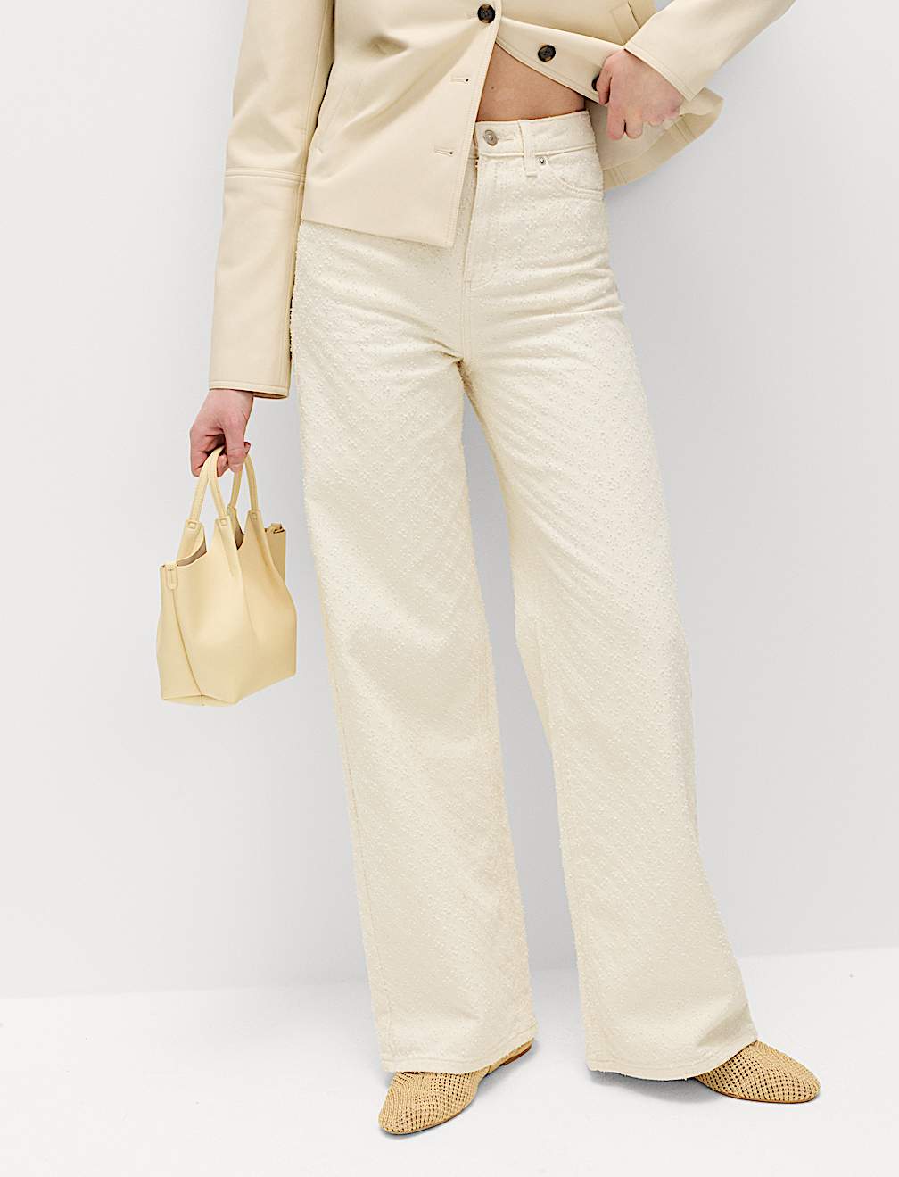 Pure Cotton Textured High Waisted Wide Leg Jeans