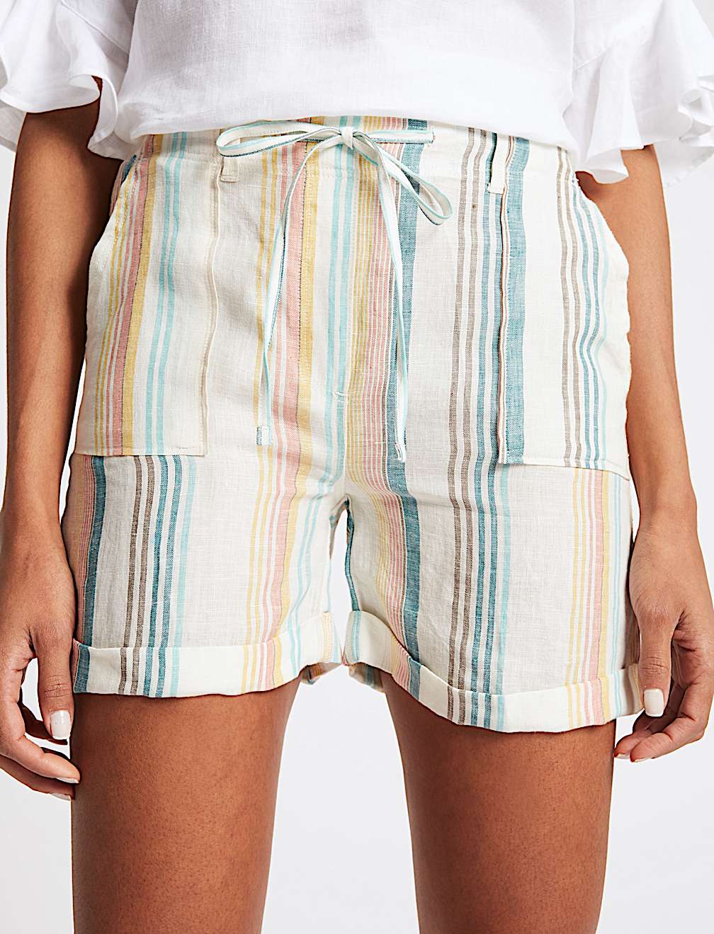 Pure Linen Striped Casual Shorts