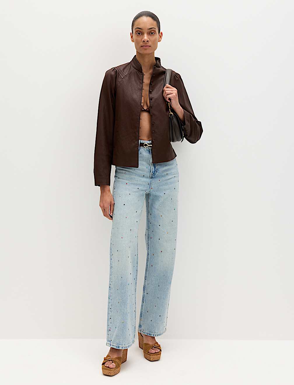 Relaxed High Waisted Gem Embellished Straight Leg Jeans
