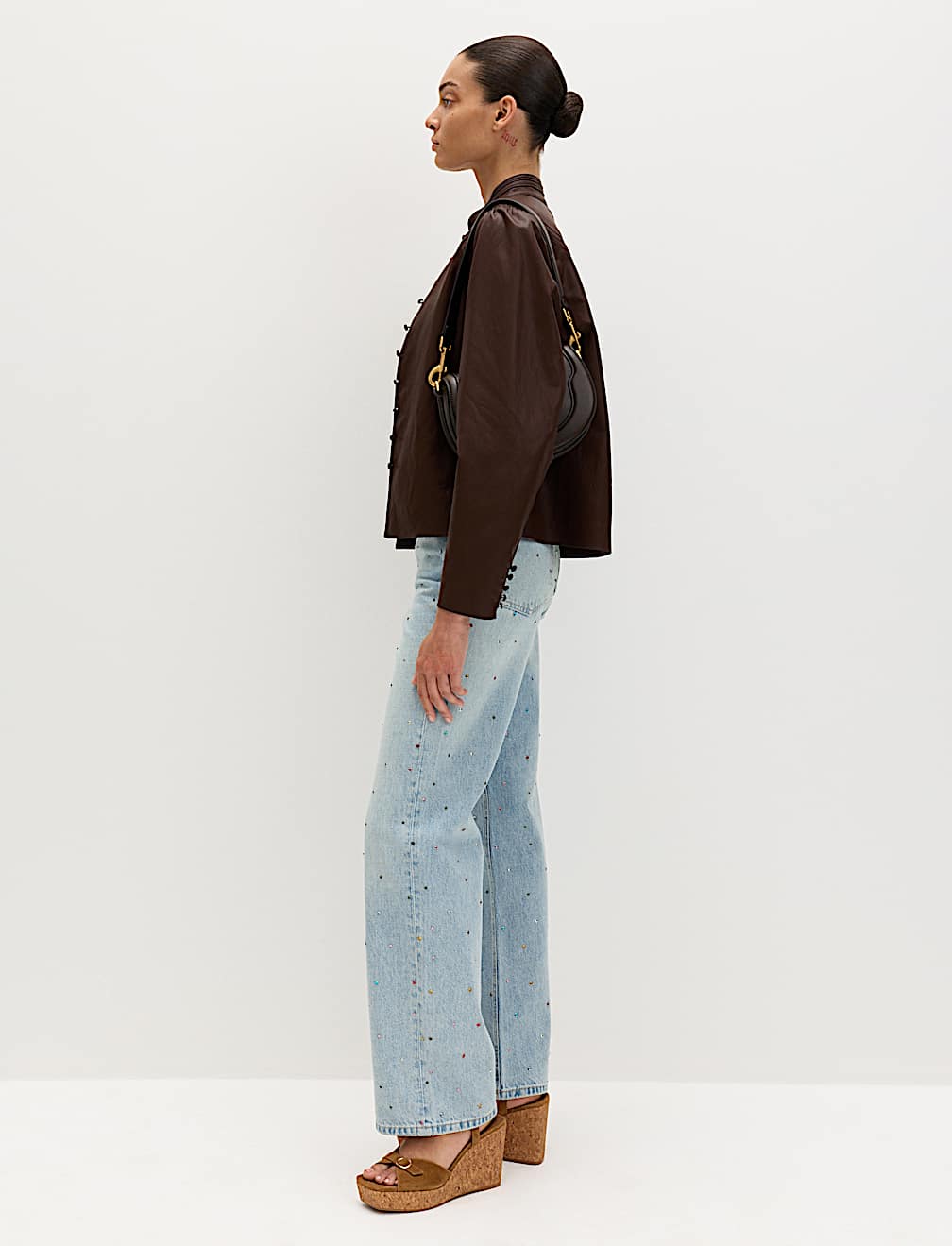 Relaxed High Waisted Gem Embellished Straight Leg Jeans