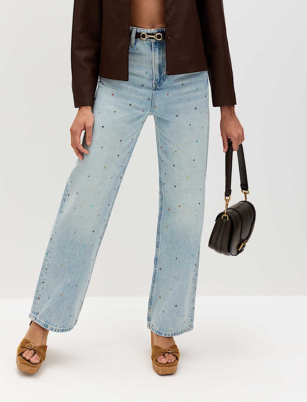 Relaxed High Waisted Gem Embellished Straight Leg Jeans