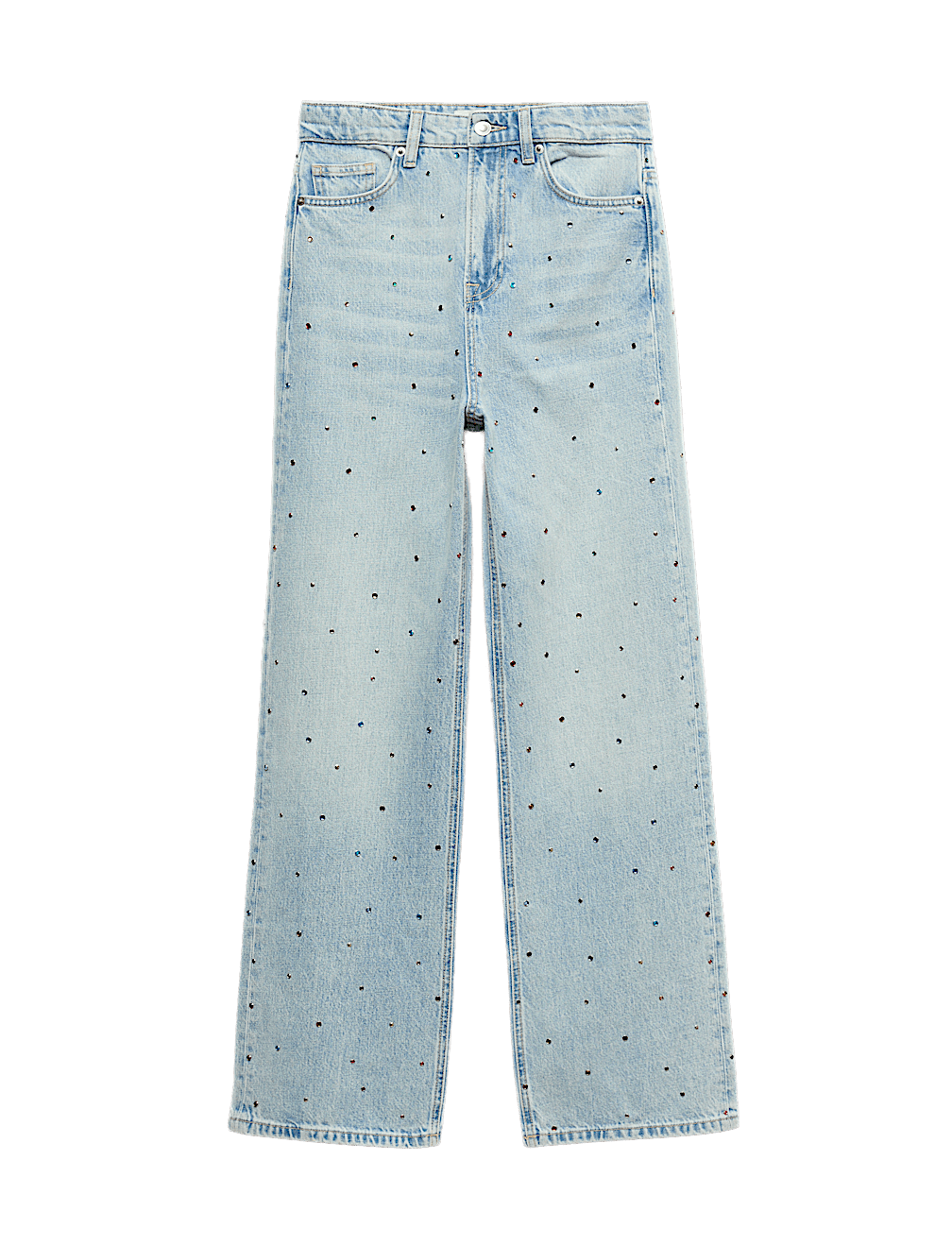 Relaxed High Waisted Gem Embellished Straight Leg Jeans