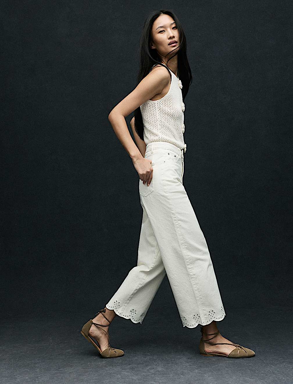 High Waisted Broderie Wide Leg Cropped Jeans