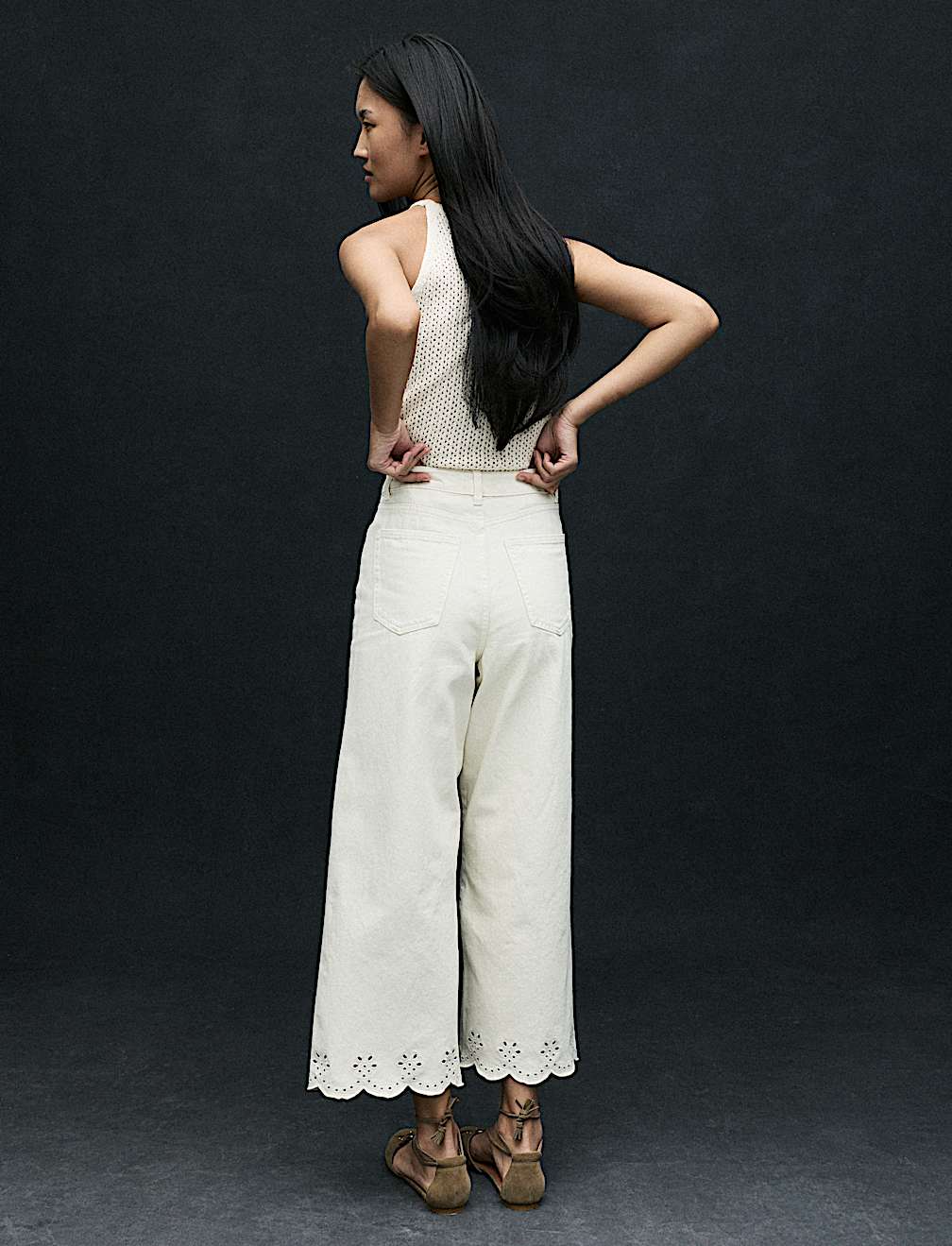 High Waisted Broderie Wide Leg Cropped Jeans