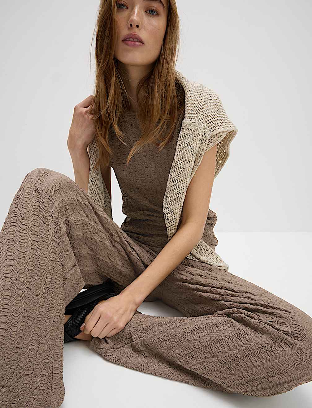 Textured Elasticated Waist Wide Leg Trousers