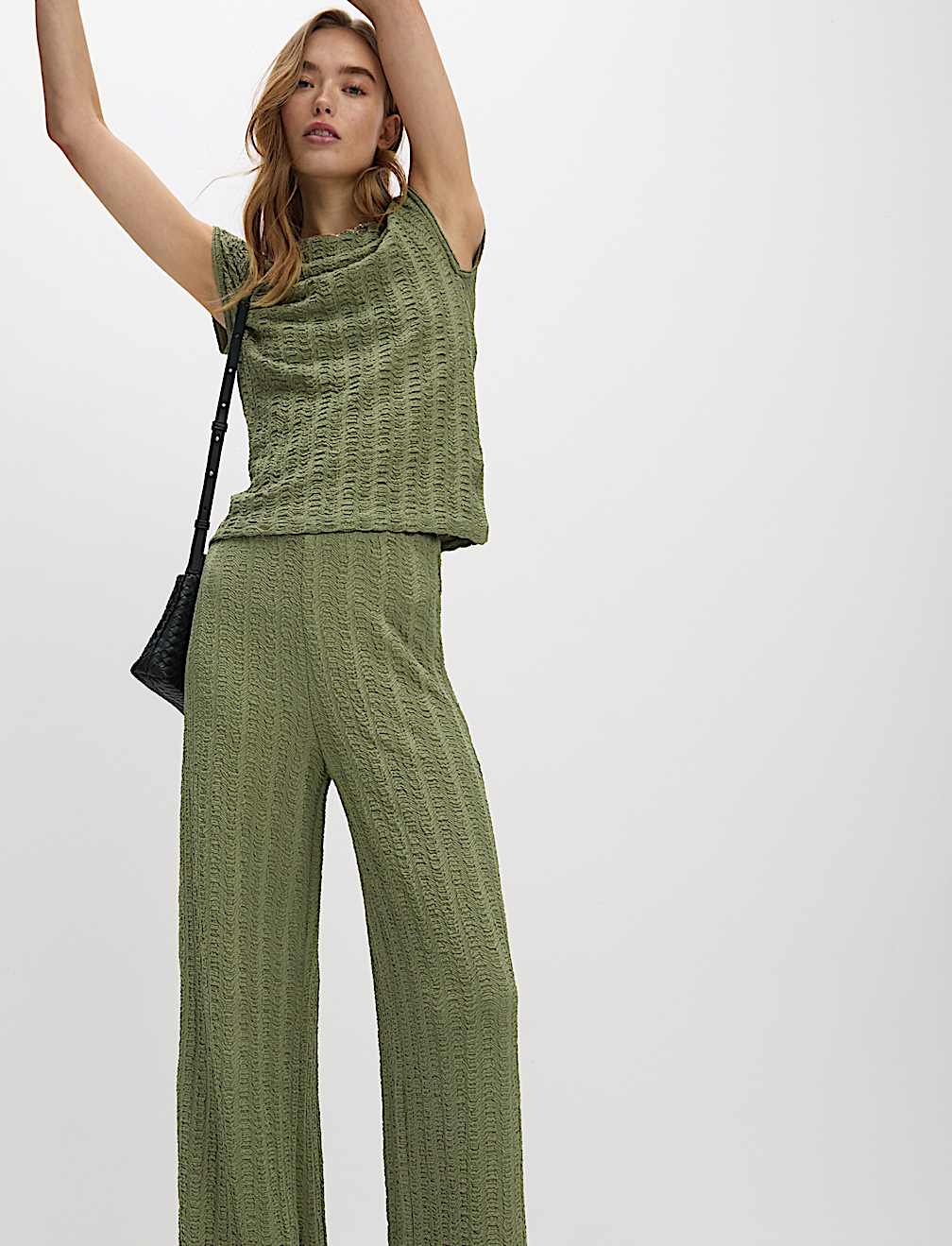 Textured Elasticated Waist Wide Leg Trousers