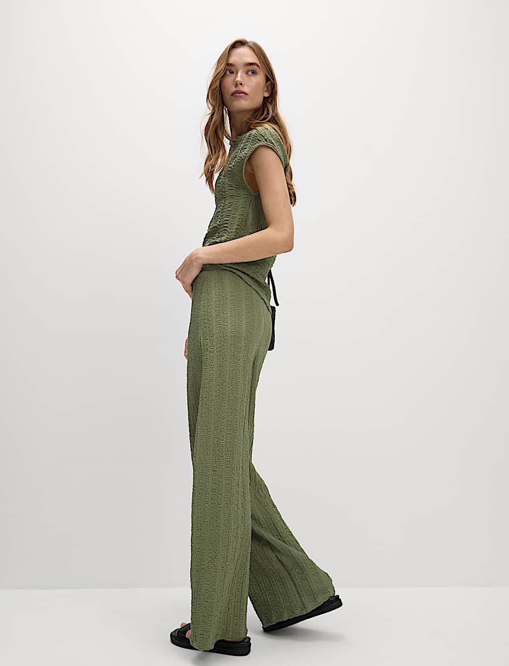 Textured Elasticated Waist Wide Leg Trousers