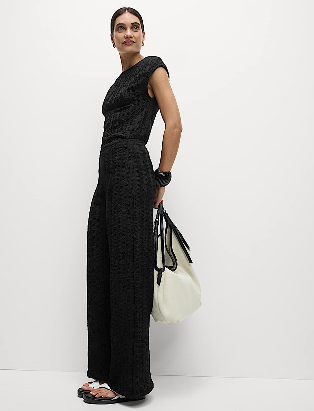 Textured Elasticated Waist Wide Leg Trousers