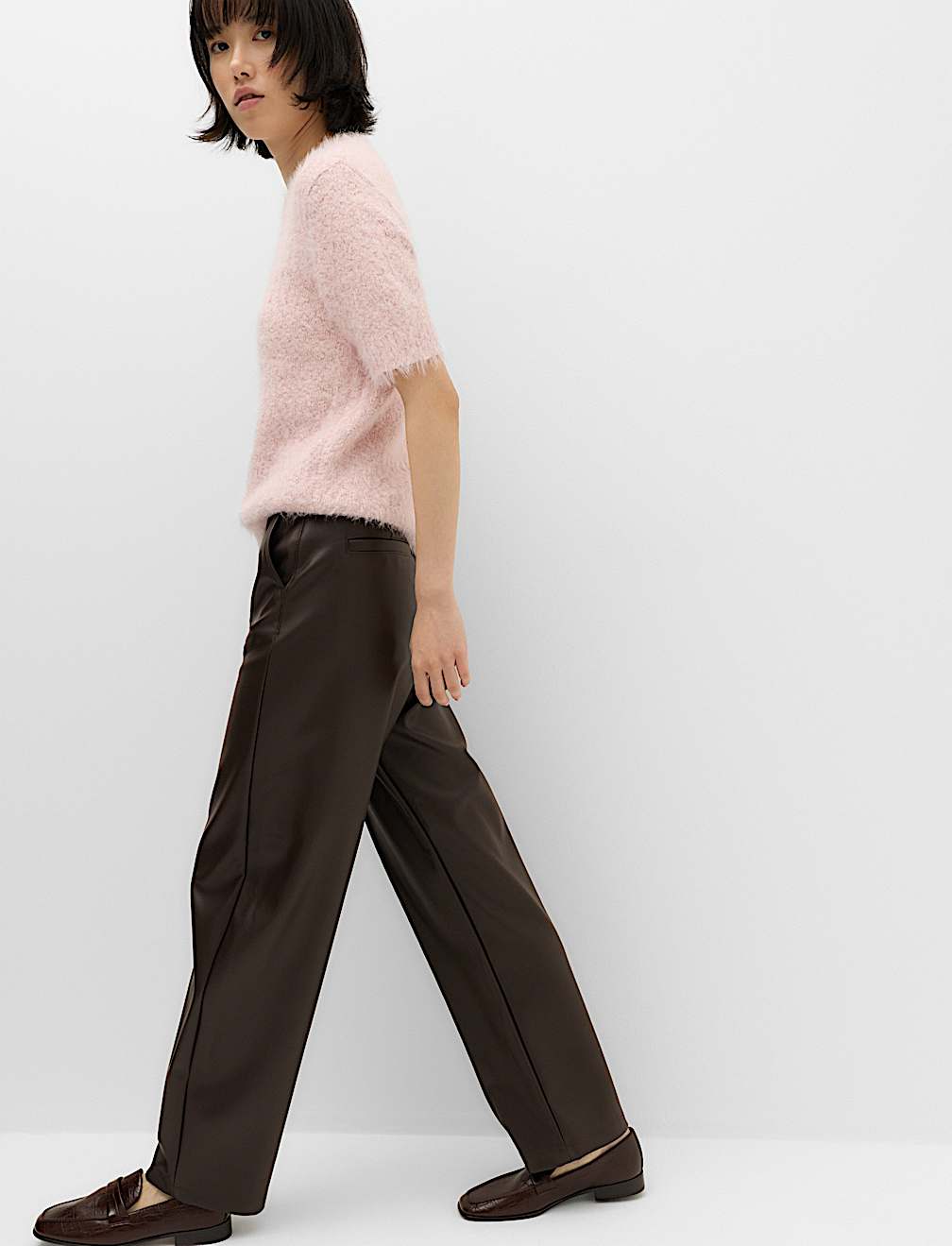 Faux Leather Pintuck Barrel Leg Trousers