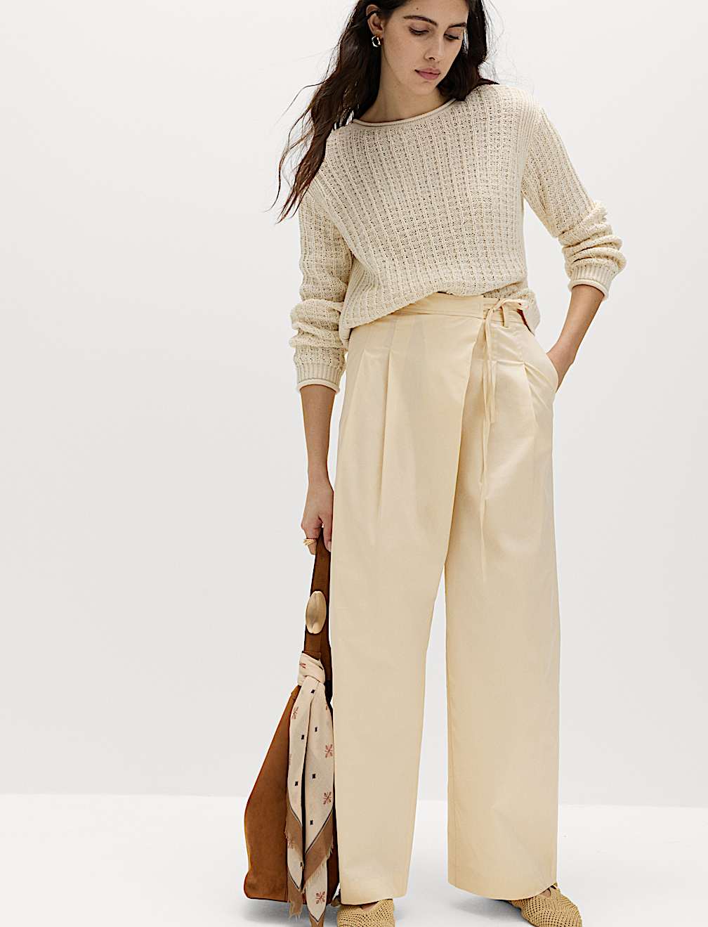 Cotton Rich Wrap Tie Wide Leg Trousers