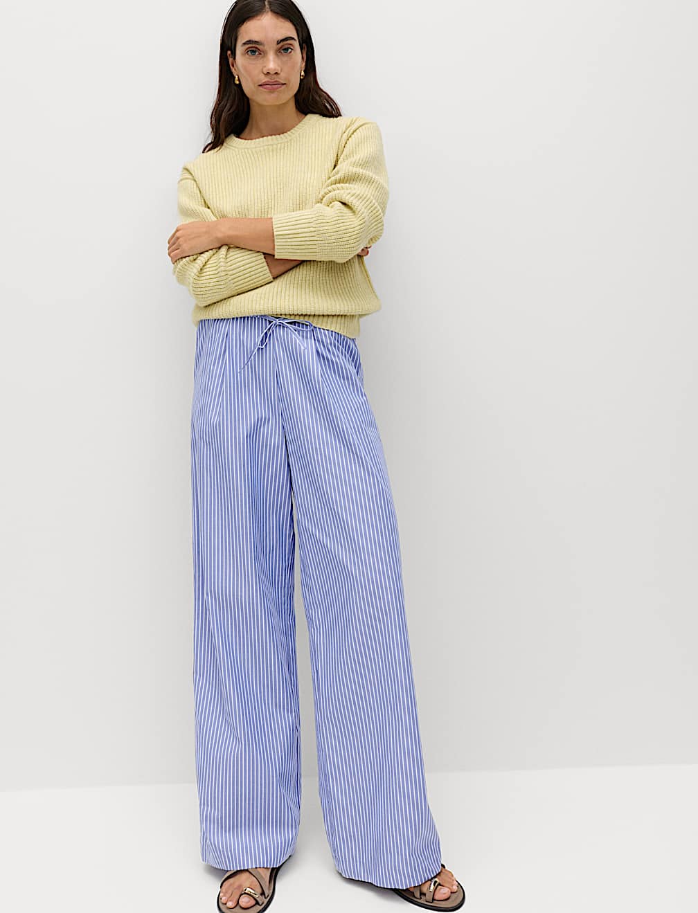 Pure Cotton Striped Drawstring Wide Leg Trousers