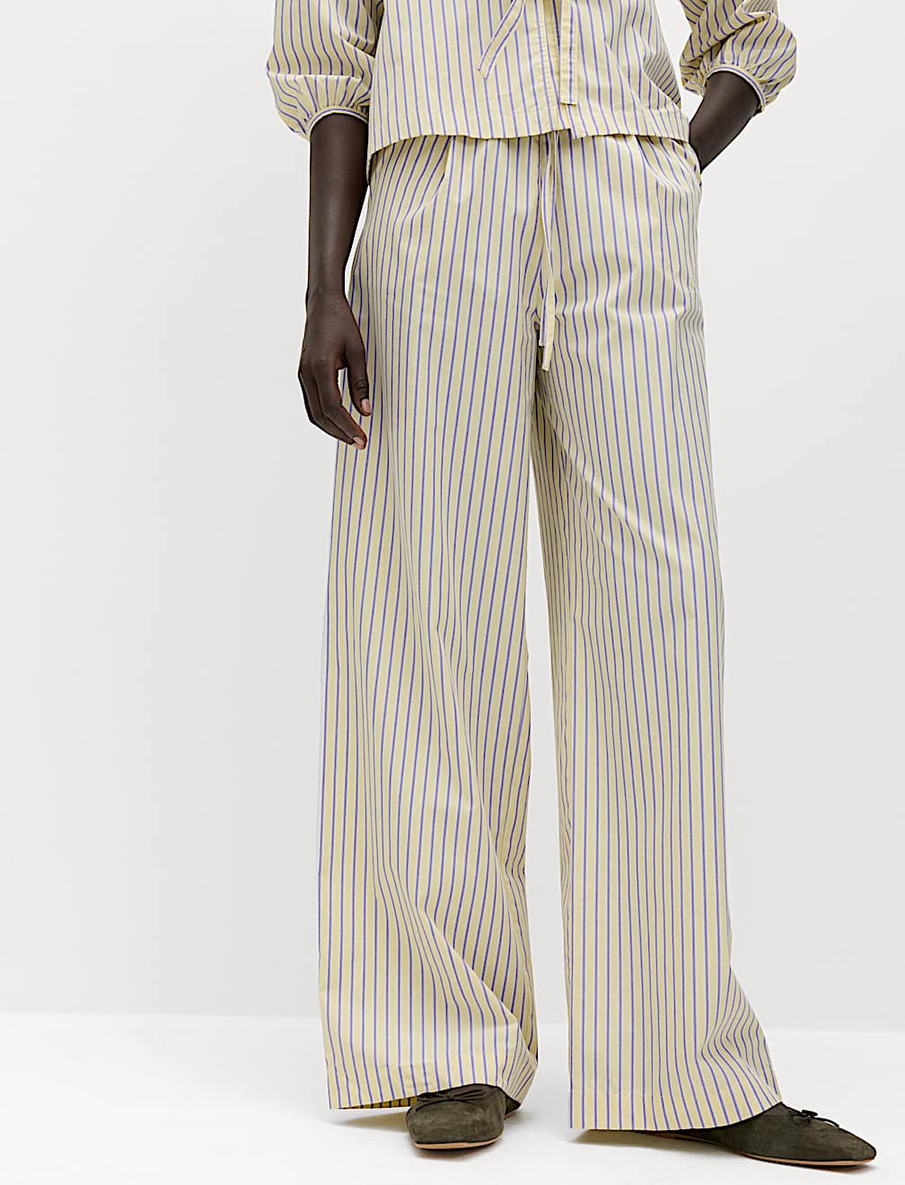 Pure Cotton Striped Drawstring Wide Leg Trousers