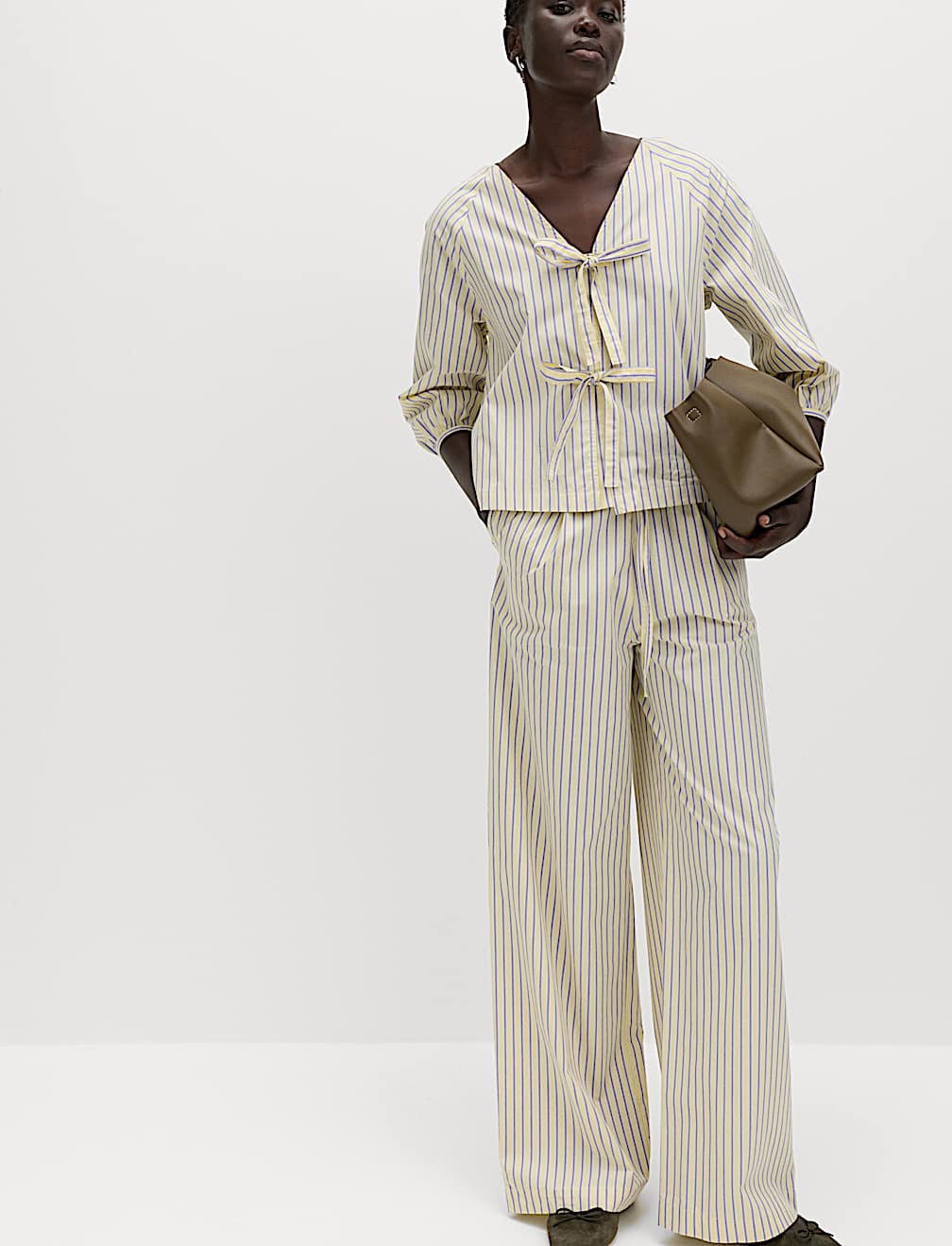 Pure Cotton Striped Drawstring Wide Leg Trousers