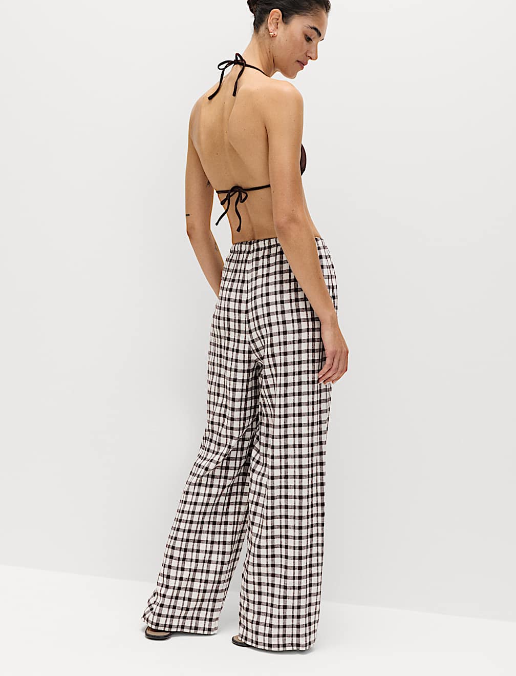 Linen Rich Gingham Wide Leg Trousers