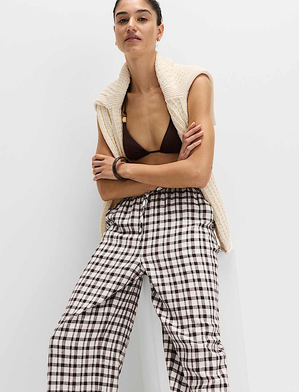 Linen Rich Gingham Wide Leg Trousers