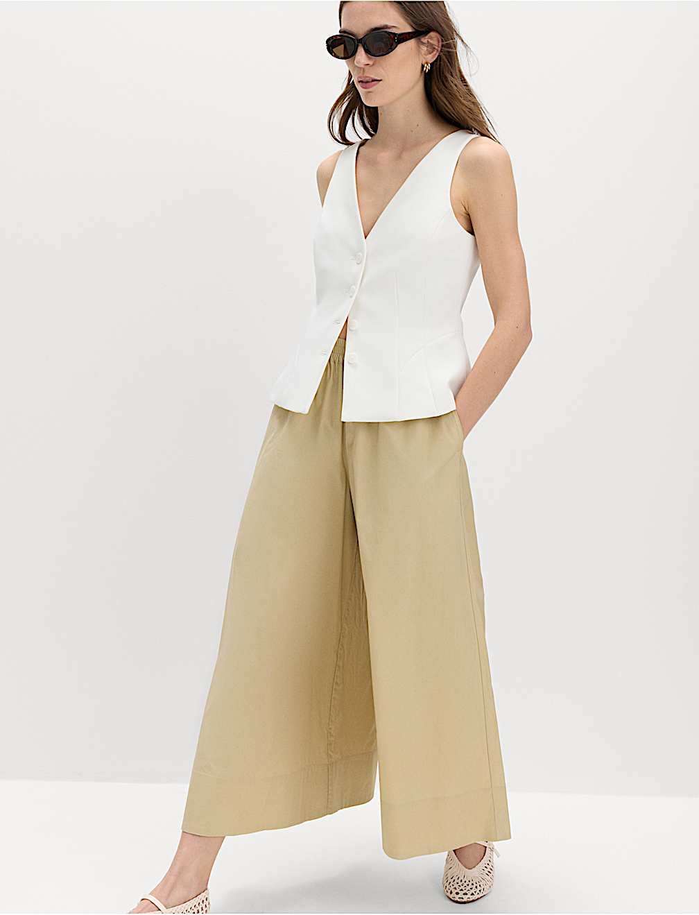 Pure Cotton Cropped Palazzo Trousers