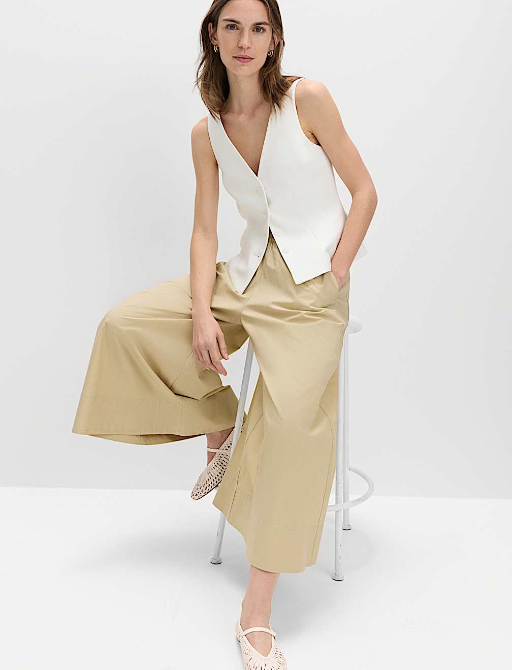 Pure Cotton Cropped Palazzo Trousers