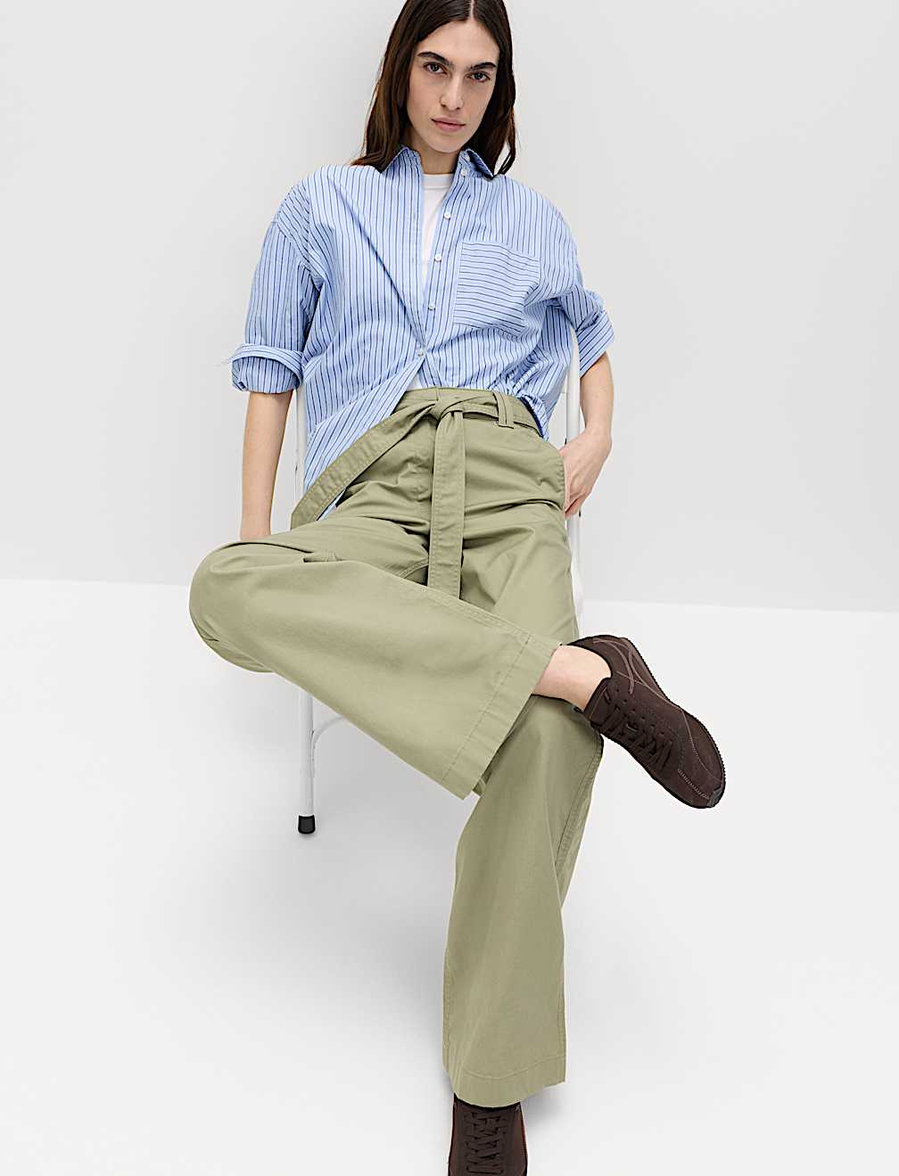 Pure Cotton Belted Straight Leg Trousers
