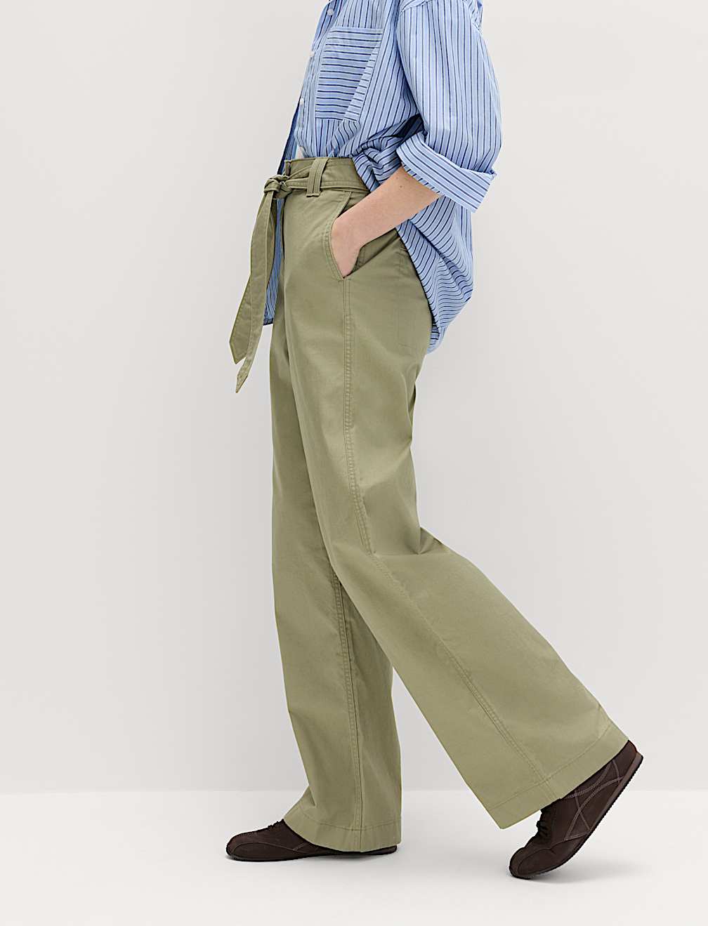 Pure Cotton Belted Straight Leg Trousers