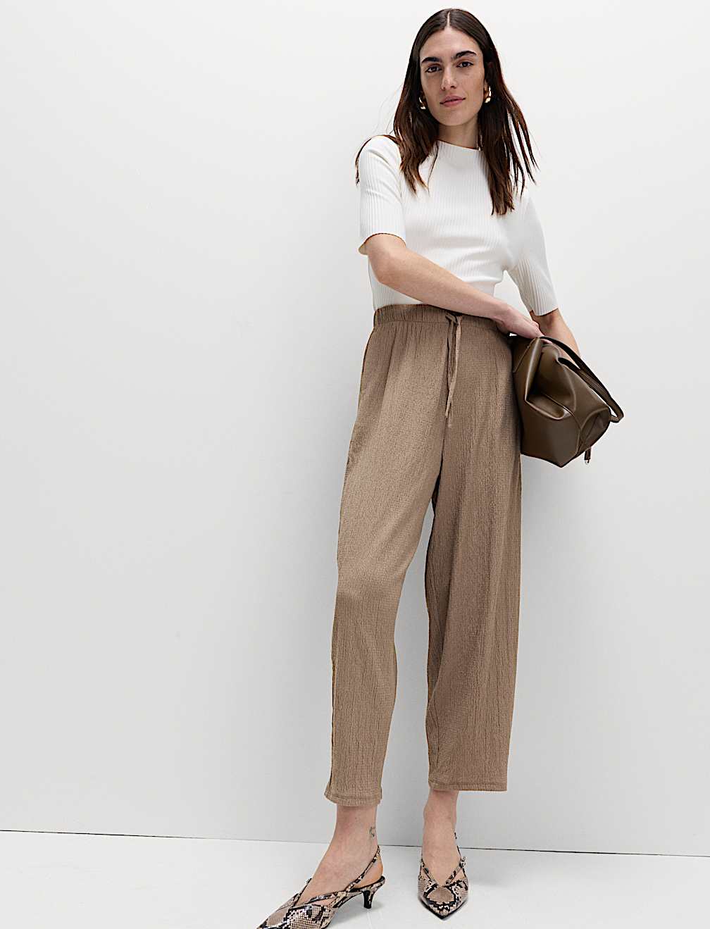 Textured Elasticated Waist Carrot Leg Trousers