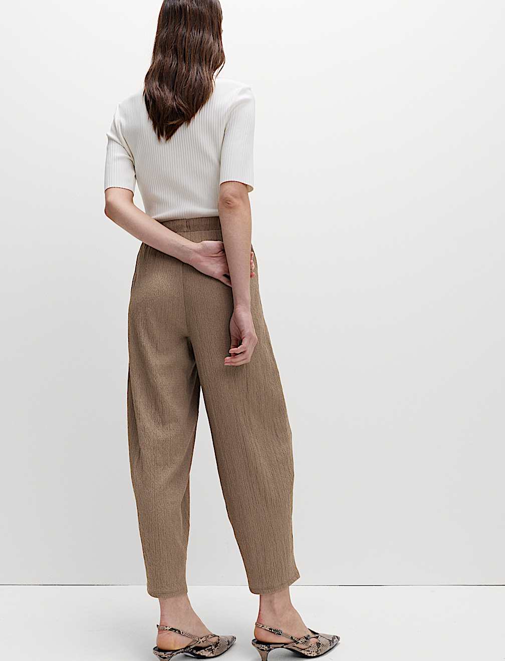 Textured Elasticated Waist Carrot Leg Trousers