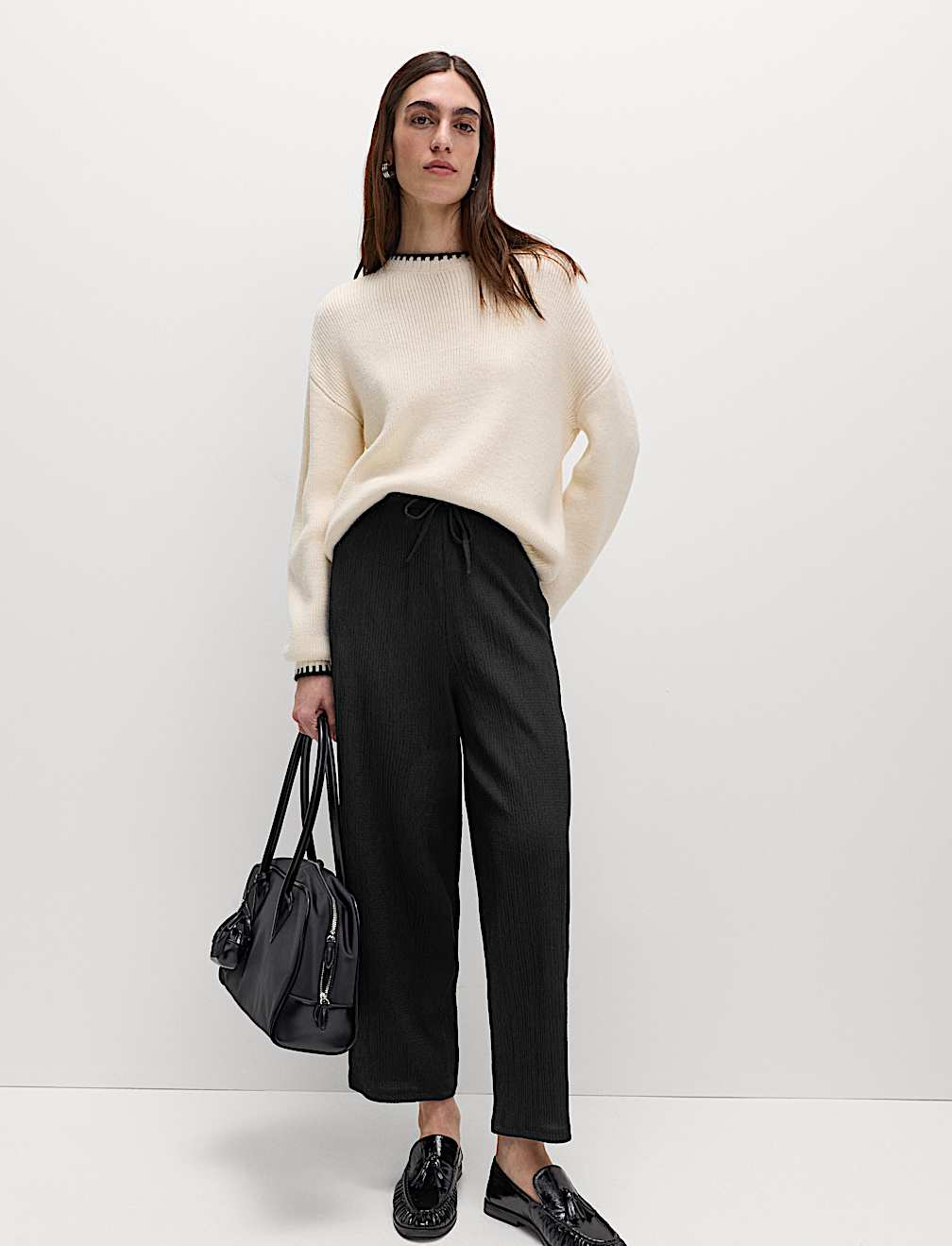 Textured Elasticated Waist Carrot Leg Trousers