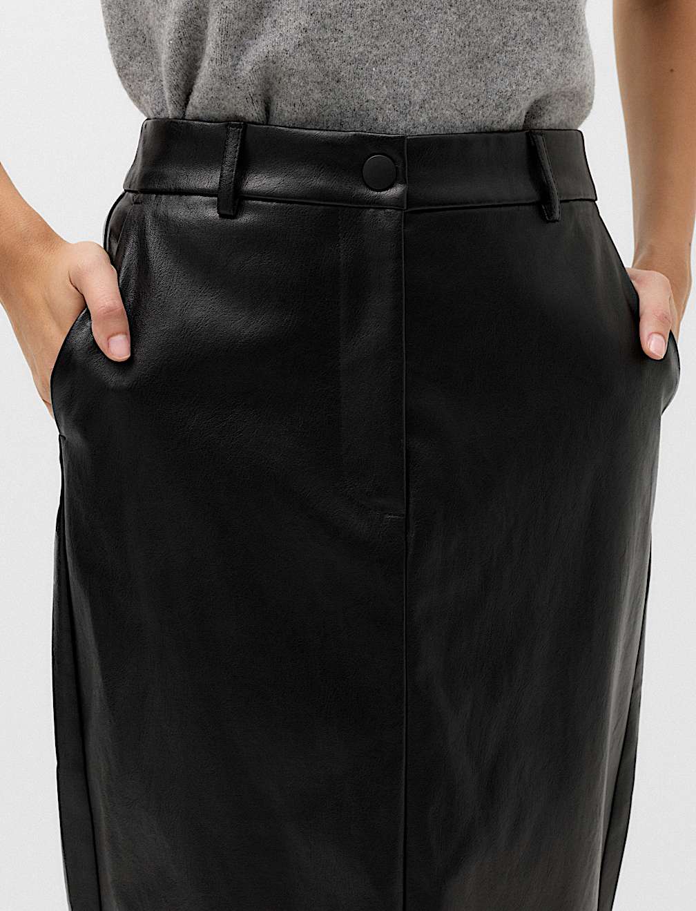 Leather Look Split Back Midi Skirt