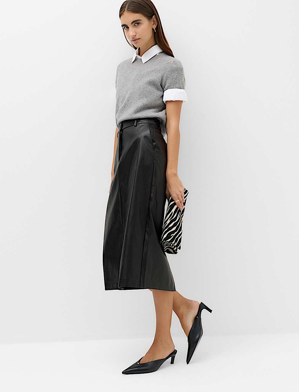 Leather Look Split Back Midi Skirt
