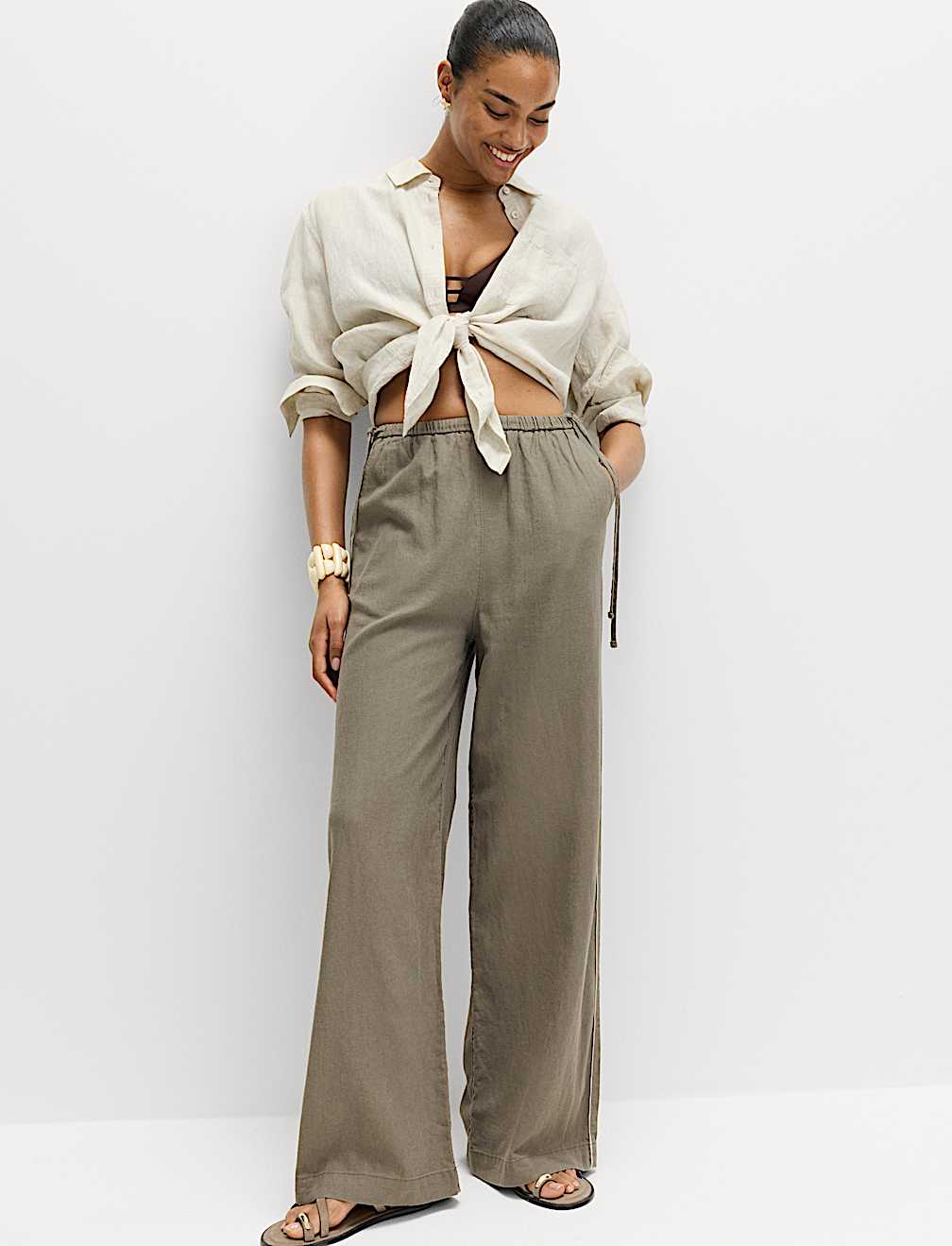 Linen Rich Tie Side Wide Leg Trousers