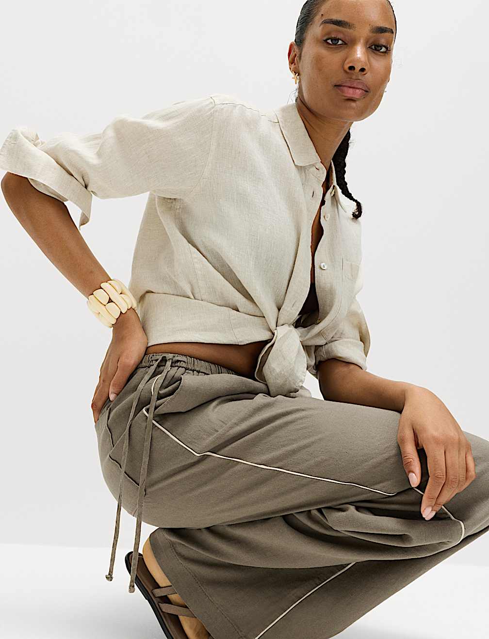 Linen Rich Tie Side Wide Leg Trousers