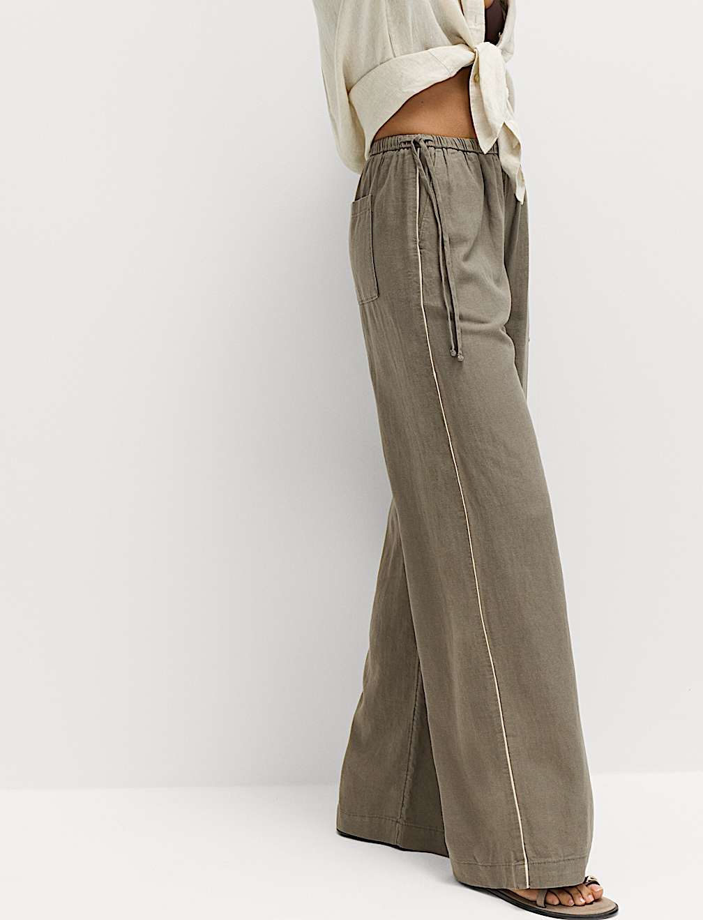 Linen Rich Tie Side Wide Leg Trousers