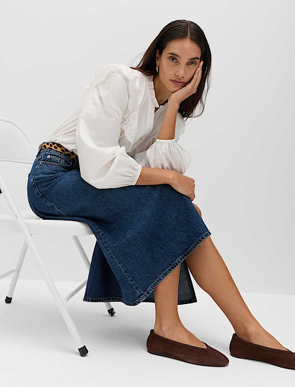 Pure Cotton Denim Asymmetric Midi Wrap Skirt